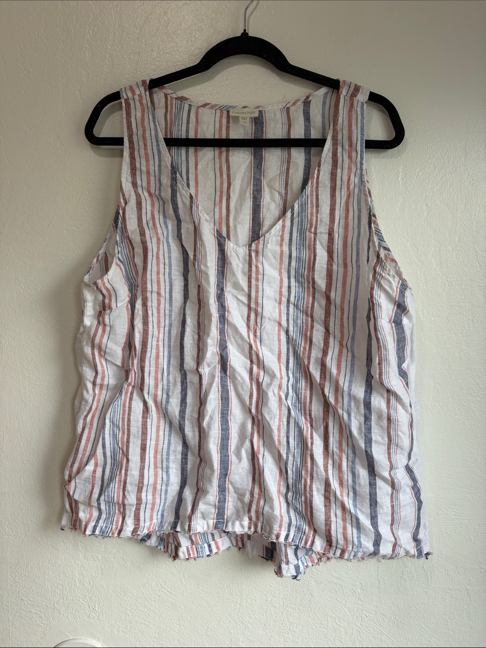 Garnet Hill Sleeveless Striped V-Neck Top in White with Rust & Blue Stripes line